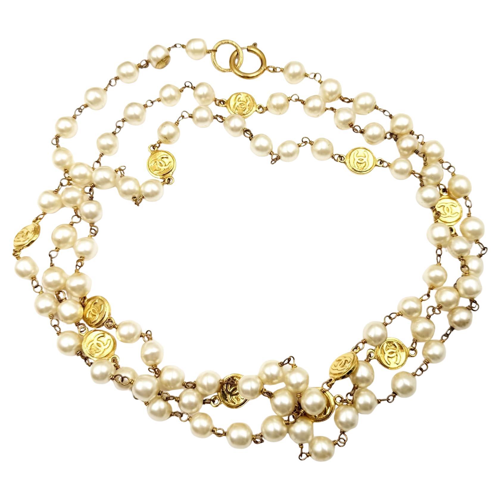 Chanel Rare Vintage Gold Plated CC Coin Super Long Pearl Necklace