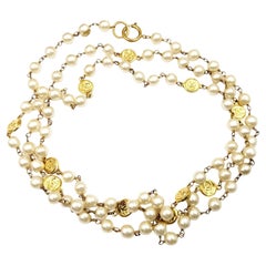 Chanel Rare Vintage Gold Plated CC Coin Super Long Pearl Necklace