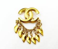 Chanel Rare Vintage Gold Plated CC Dangling Leaves Brooch