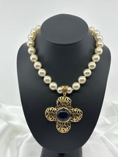 Chanel Rare Vintage Gold Plated CC Filigree Cross Blue Stone Pearl Necklace