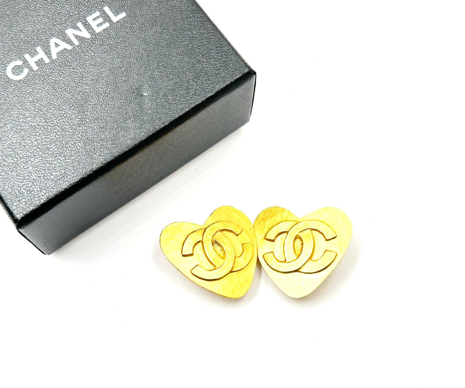 Contemporary Chanel Rare Vintage Gold Plated CC Heart Stud Clip on Earrings For Sale