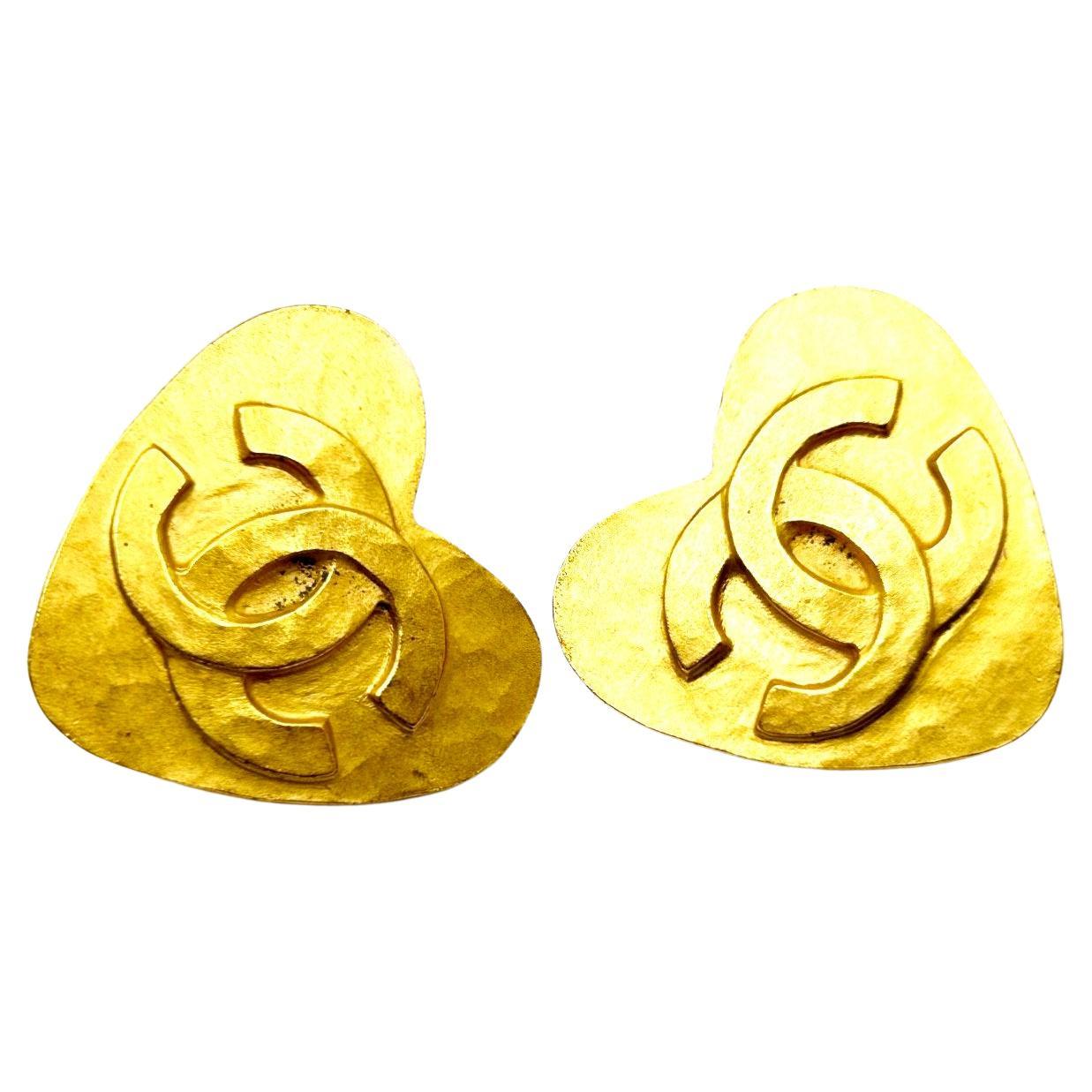 Chanel Rare Vintage Gold Plated CC Heart Stud Clip on Earrings  For Sale