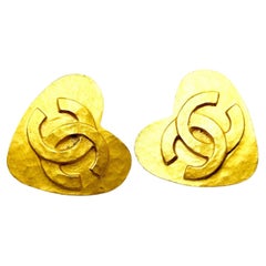 Chanel Rare Retro Gold Plated CC Heart Stud Clip on Earrings 