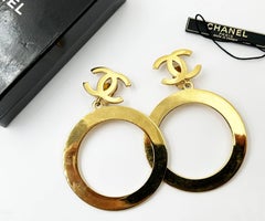 Chanel Rare Vintage Gold Plated CC Large Hoop Clip on Earrings