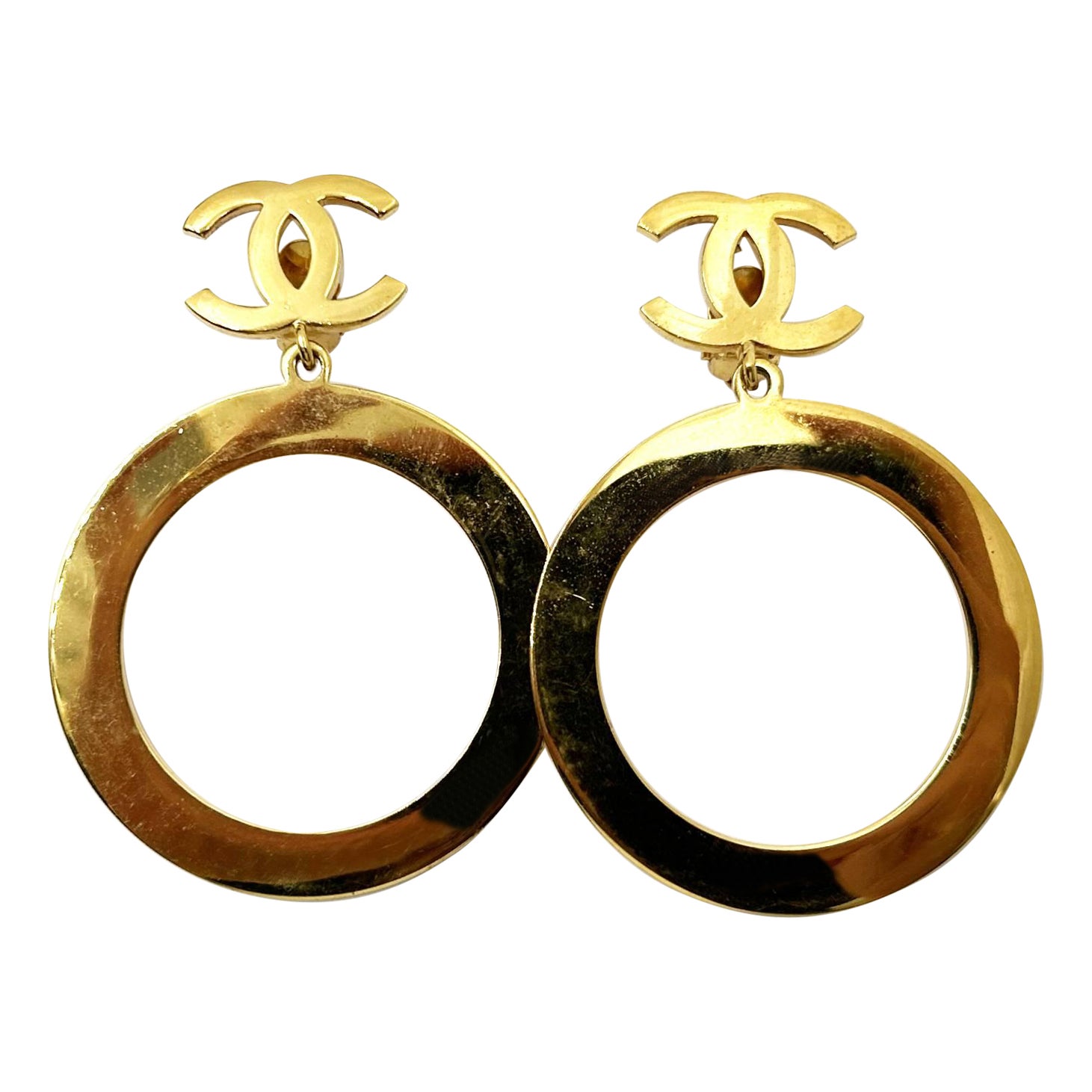 Chanel Rare Vintage Gold Plated CC Large Hoop Clip on Earrings For Sale