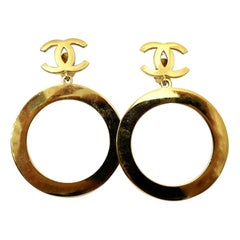 Chanel Rare Vintage Gold Plated CC Large Hoop Clip on Earrings