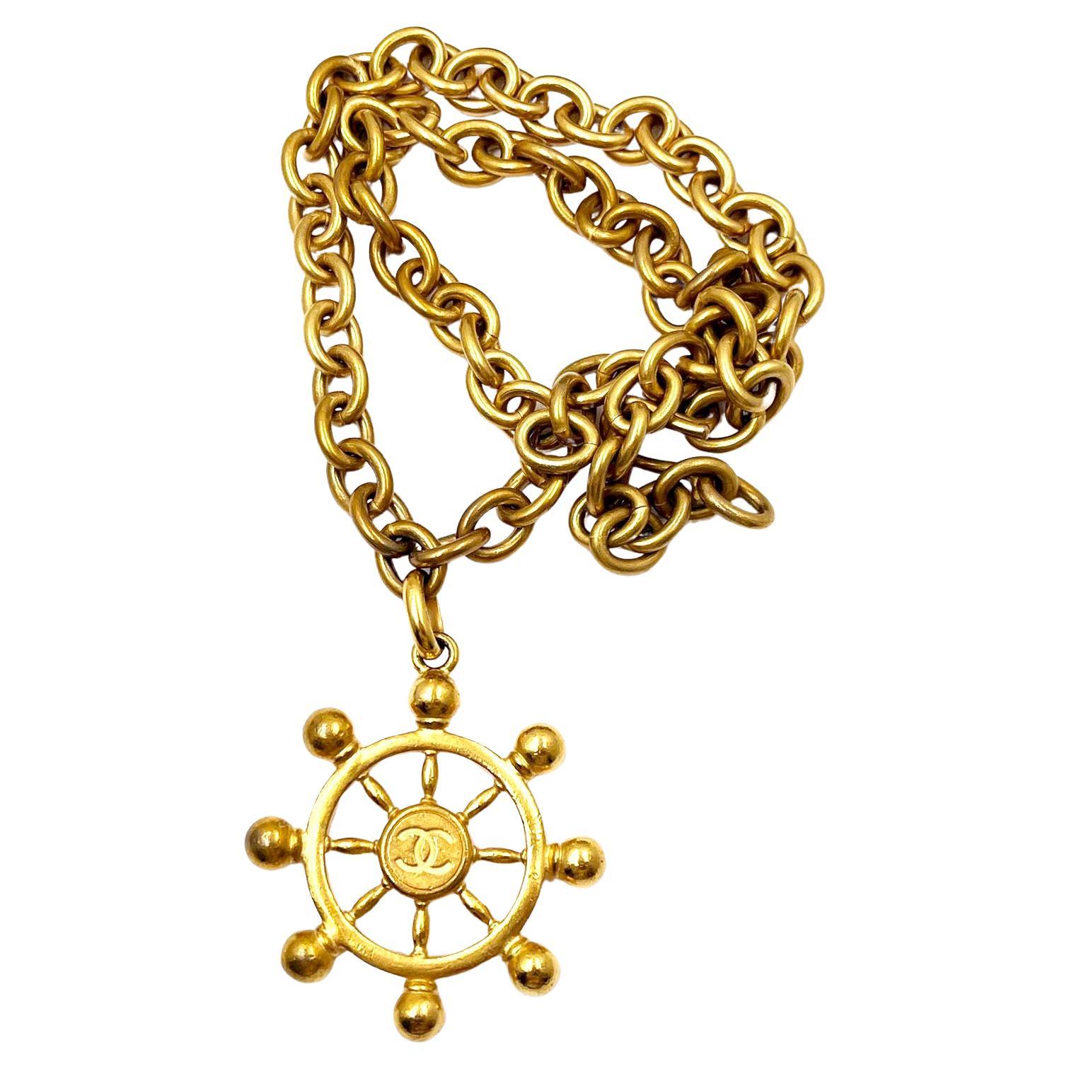 Chanel Rare Vintage Gold Plated CC Large Sailor Wheel Long Chain Necklace For Sale