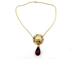 Chanel Rare Vintage Gold Plated CC Lion Red Tear Drop Necklace
