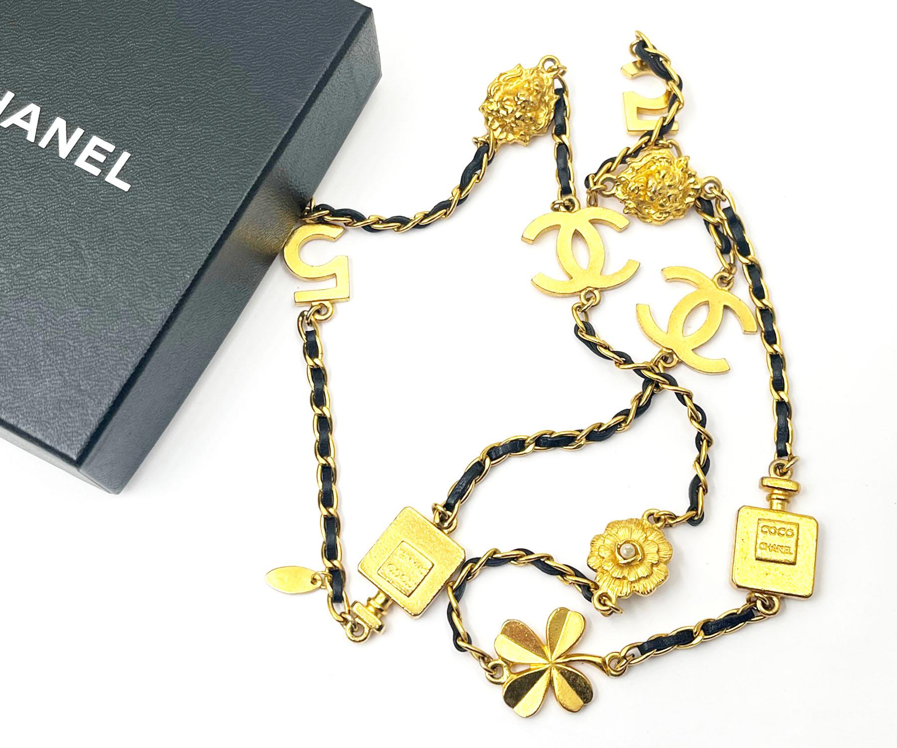 Artisan Chanel Rare Vintage Gold Plated CC Motif Perfume Camellia Leather Necklace  For Sale