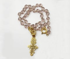 Chanel Rare Vintage Gold Plated Cross Lavender Glass Bead Long Necklace