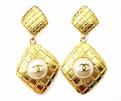 Chanel Rare Vintage Gold Plated Quilted Argyle CC Pearl Dangle Clip on Earrings