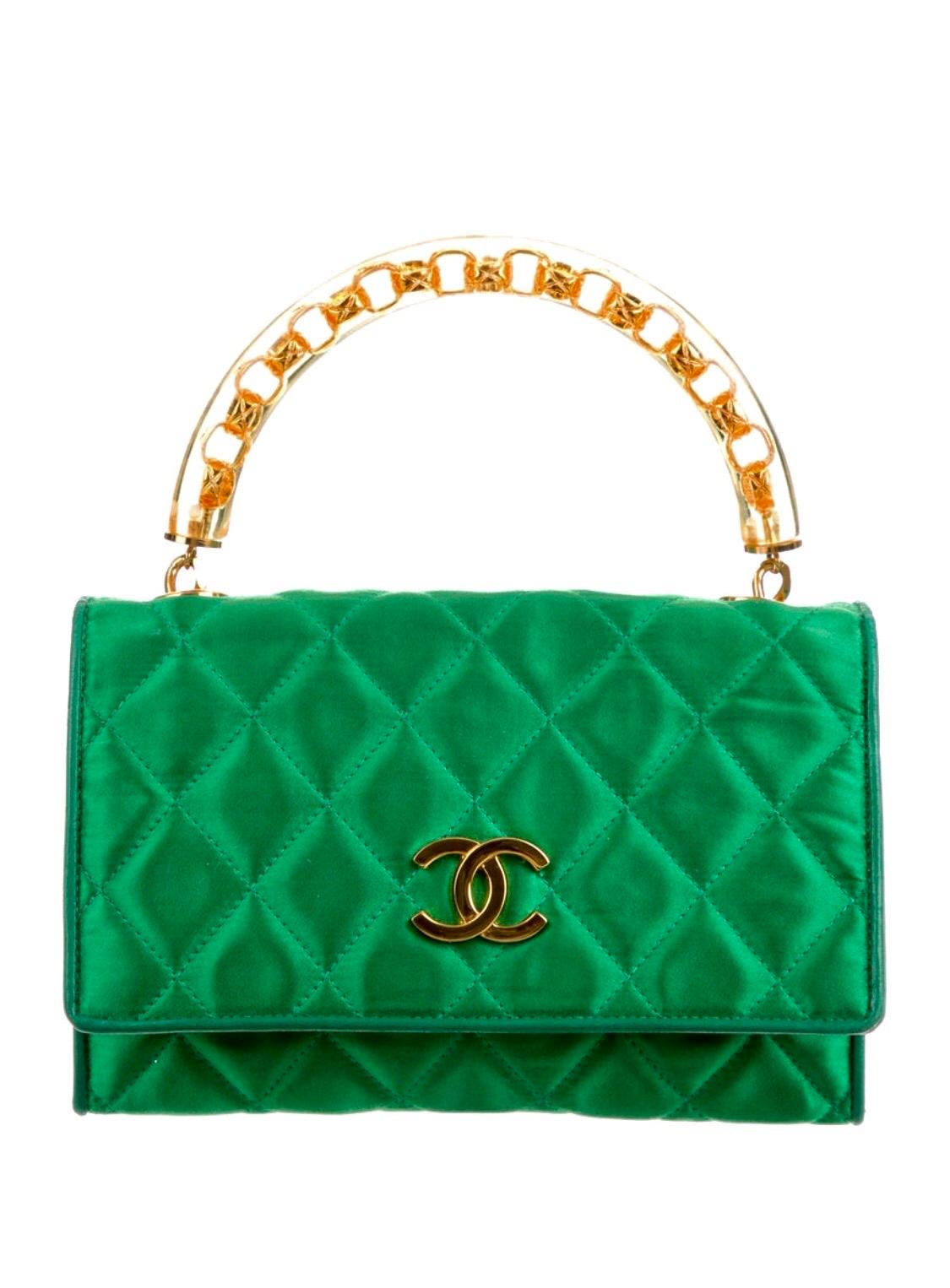 Chanel Rare Vintage Green Satin Lucite Gold Chain Top Handle Bag at 1stDibs