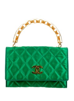 Chanel Rare Vintage Green Satin Lucite Gold Chain Top Handle Bag