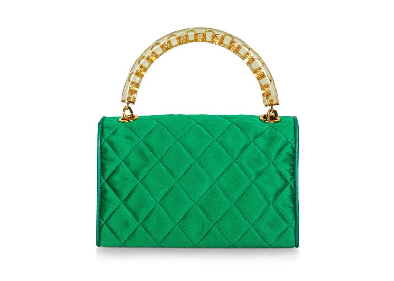 Chanel Rare Vintage Green Satin Lucite Gold Chain Top Handle Bag at 1stDibs
