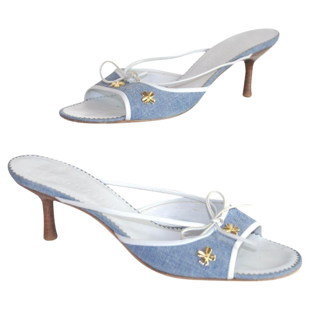 Sandalias de tacón Chanel Rare Vintage Azul Claro Denim Jean 41