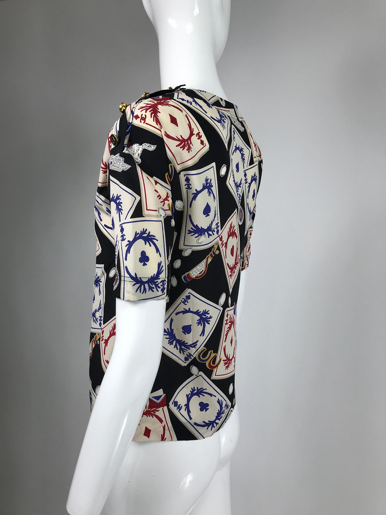 Chanel Rare Vintage Playing Cards Silk Blouse 1995 In Good Condition In West Palm Beach, FL