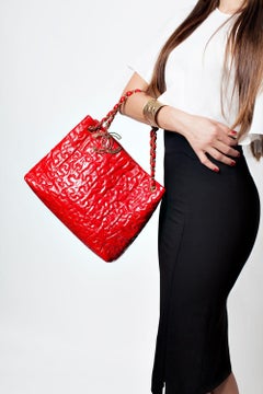 Chanel 2009 Rare Vintage Bright Red Quilted Puzzle Piece Patent Tote Satchel Bag