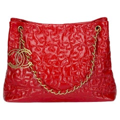 Chanel 2009 Rare Vintage Bright Red Quilted Puzzle Piece Patent Tote Satchel Bag