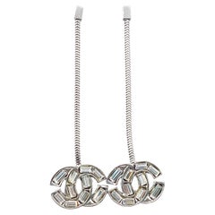 Chanel Rare Vintage Silver CC Baguette Crystal Long Dangle Piercing Earrings 
