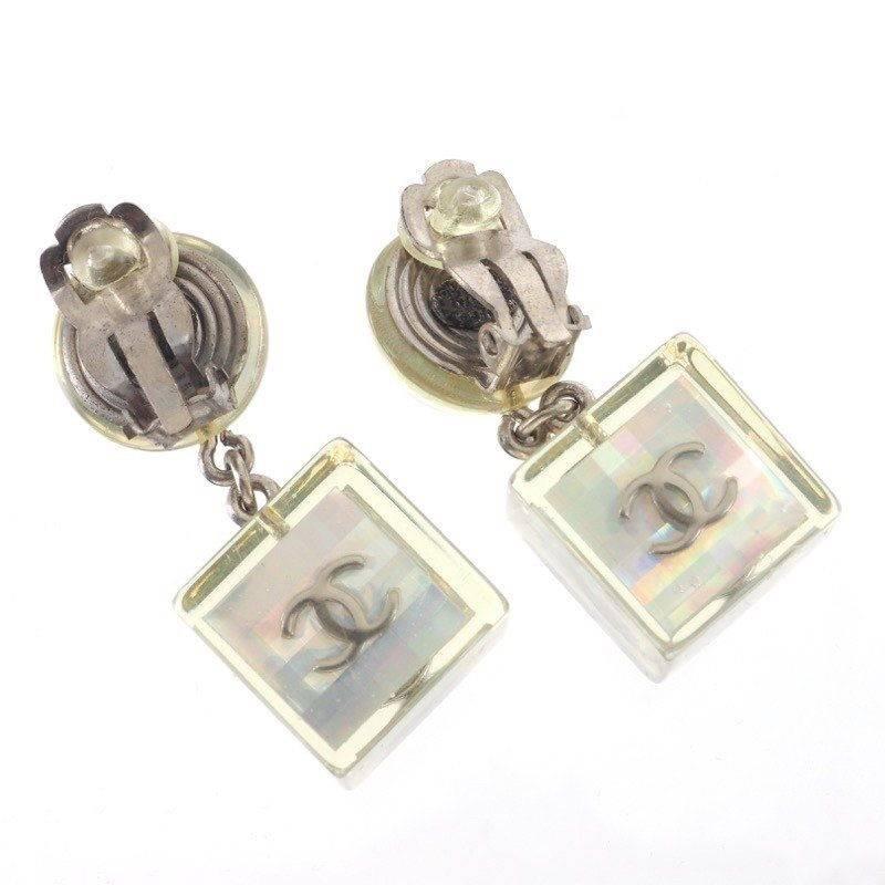 Chanel Rare Vintage Silver Clear Lucite No 5 Charm Cube Dangle Earrings in Box In Excellent Condition In Chicago, IL