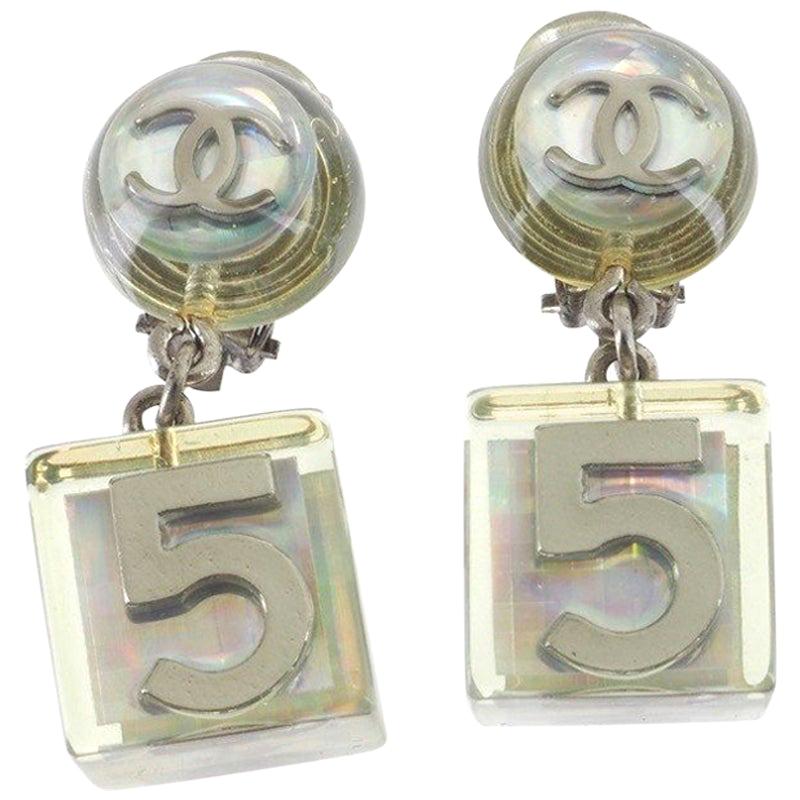 Chanel Rare Vintage Silver Clear Lucite No 5 Charm Cube Dangle Earrings in Box