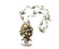 Chanel Rare Vintage Silver Enamel Flowers CC Large Pendant Necklace