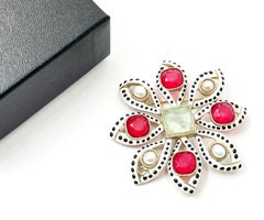 Chanel Rare White Black Polka Dot Red Gem Pearl Large Brooch