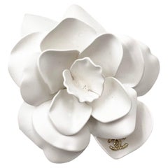 Chanel Rare White Camellia Silver CC Brooch