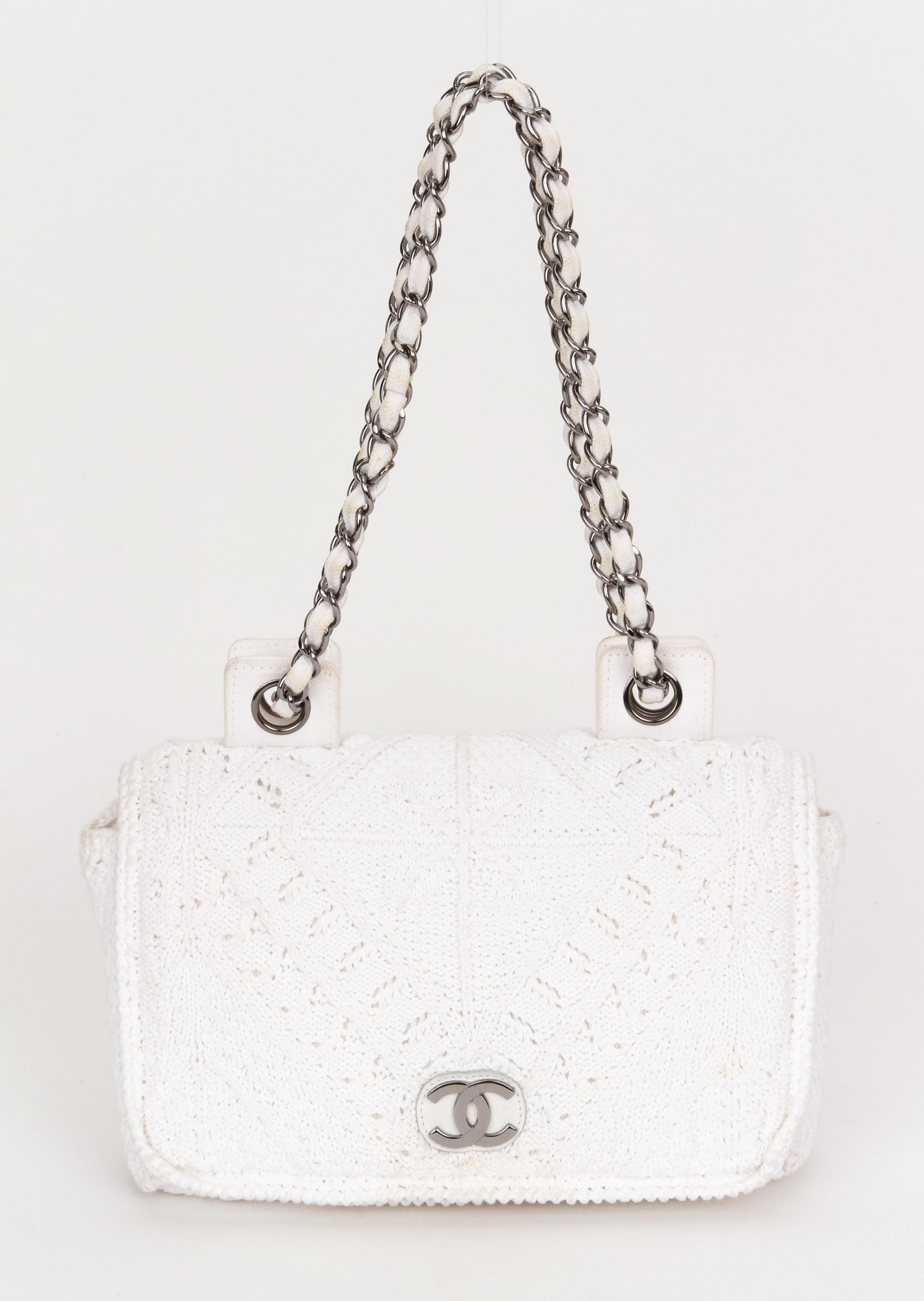 Chanel brand new in box white crochet single flap with gunmetal hardware. Highly collectible Shoulder drop 8.5