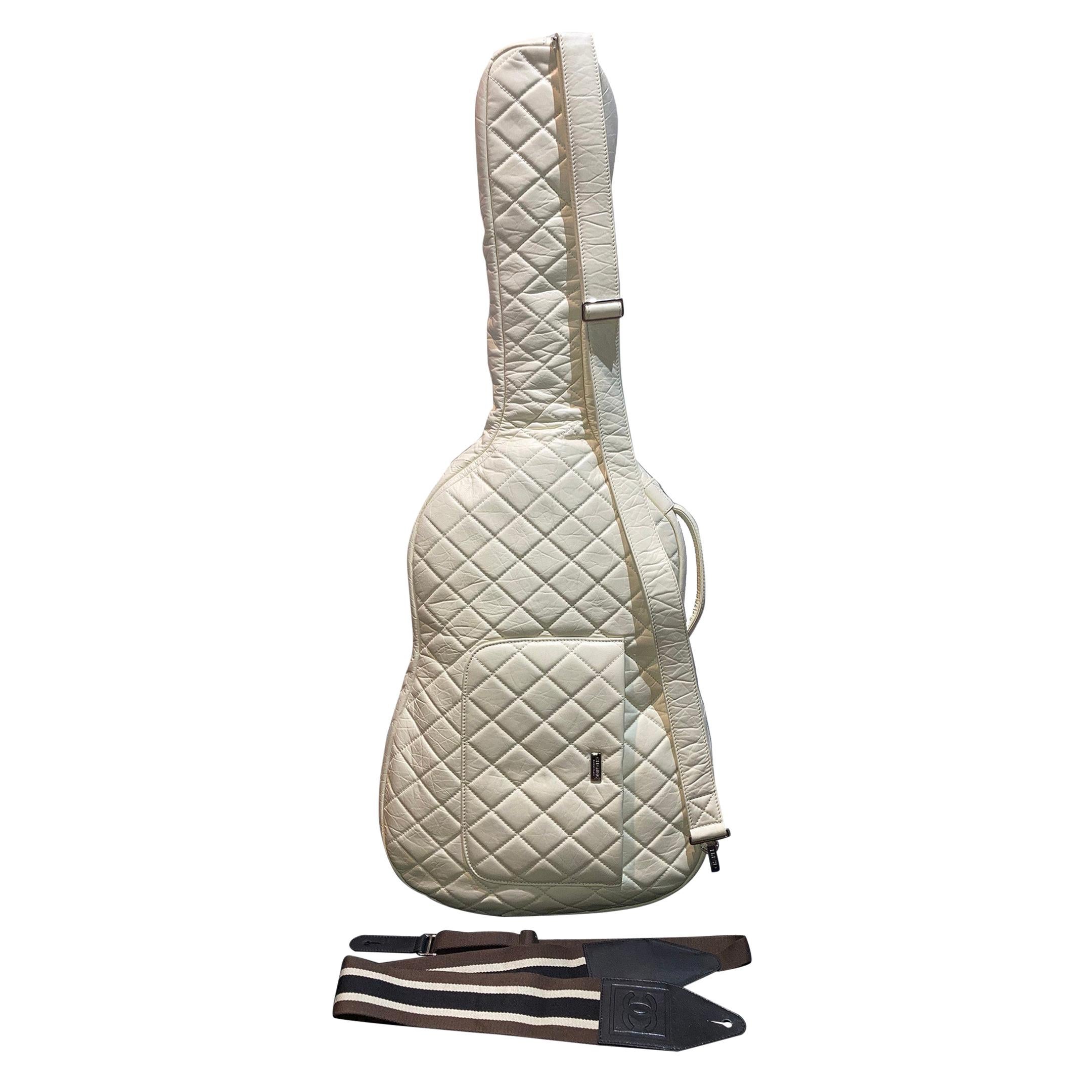Chanel Rare White Leather Guitar Case with Silver Hardware RARE Runway Piece For Sale
