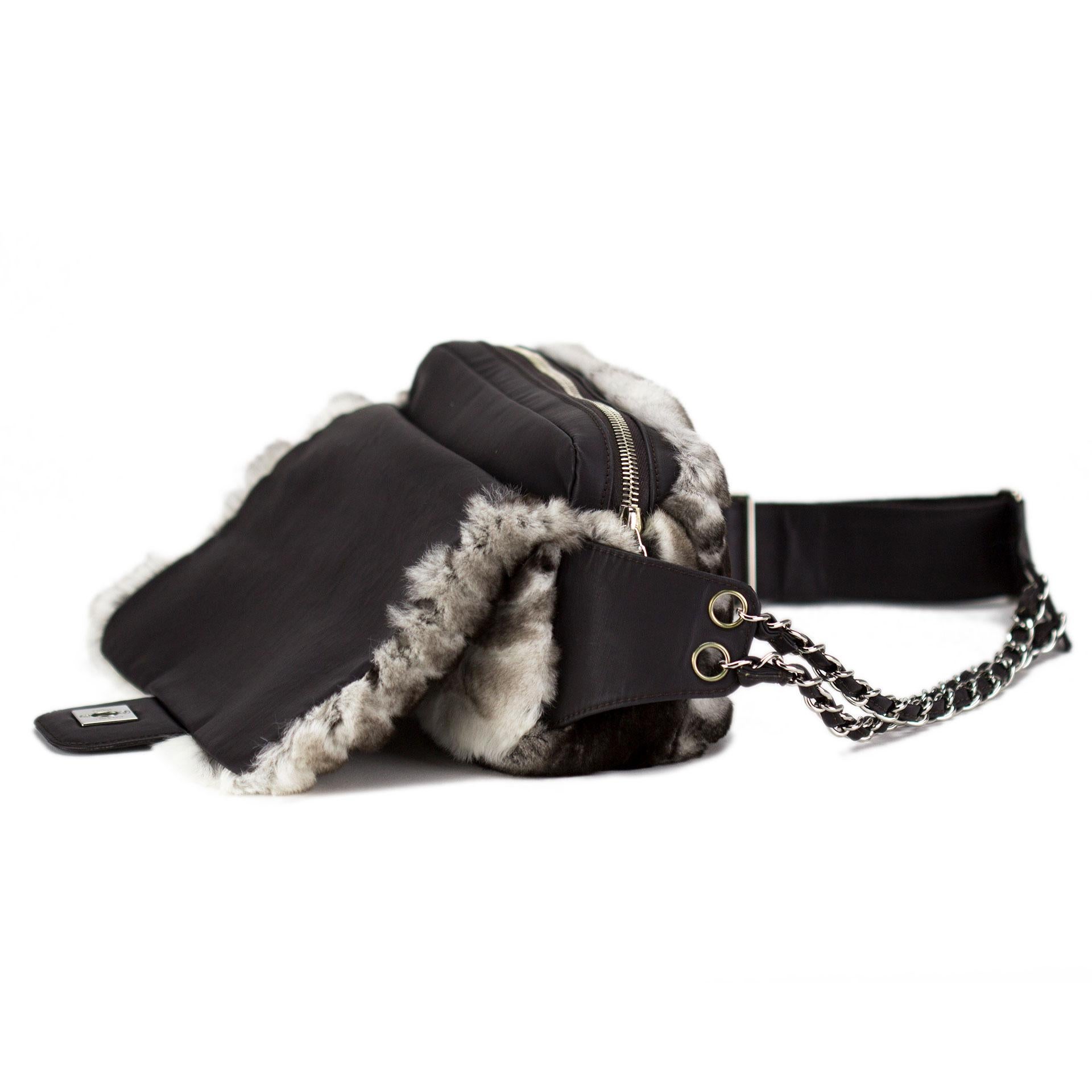 Chanel Rare Y2K Vintage Classic Flap Rabbit Fur Sports Line Waist Belt Bag In Fair Condition For Sale In Miami, FL