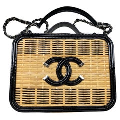 Vintage Chanel Rattan Patent CC Vanity Case in Beige and Black