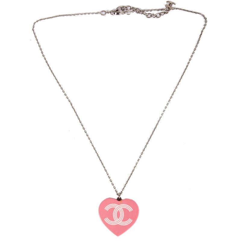 Chanel necklace with heart pendant with CC on it in pink, yellow and green acetate. Has been worn and is in excellent condition.

Length 47cm (18.3in)
Link Size Width 2.8cm (1.1in)
Link Size Height 2.5cm (1in)