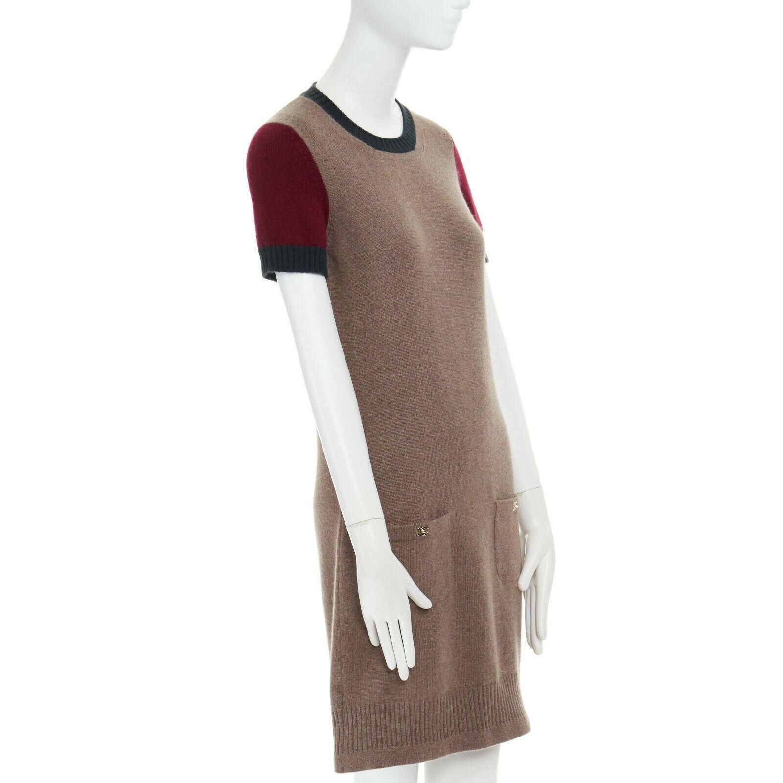 Gray CHANEL Recent 100% cashmere brown short sleeve CC turnlock pocket dress FR36 S