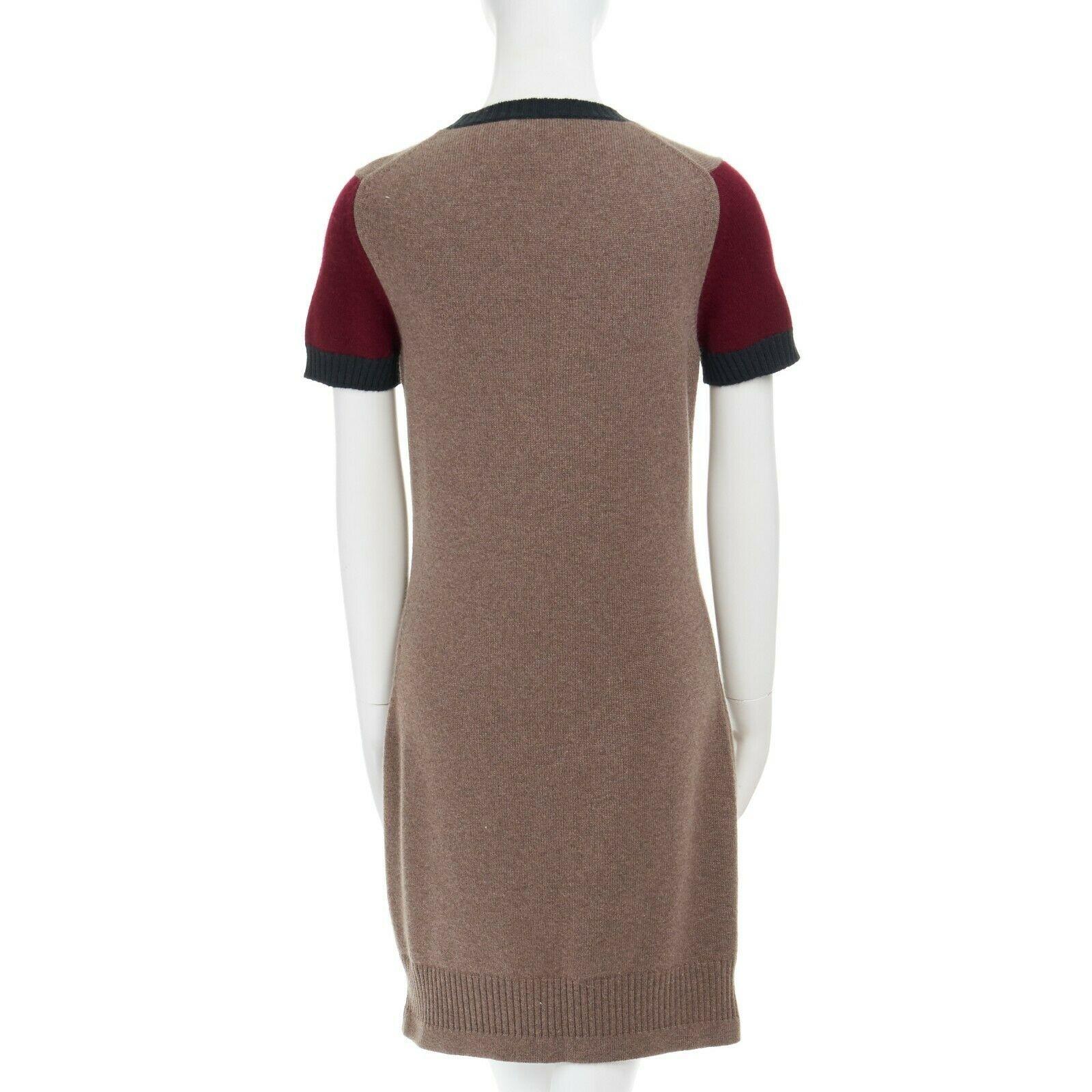 Women's CHANEL Recent 100% cashmere brown short sleeve CC turnlock pocket dress FR36 S