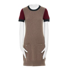 CHANEL Recent 100% cashmere brown short sleeve CC turnlock pocket dress FR36 S