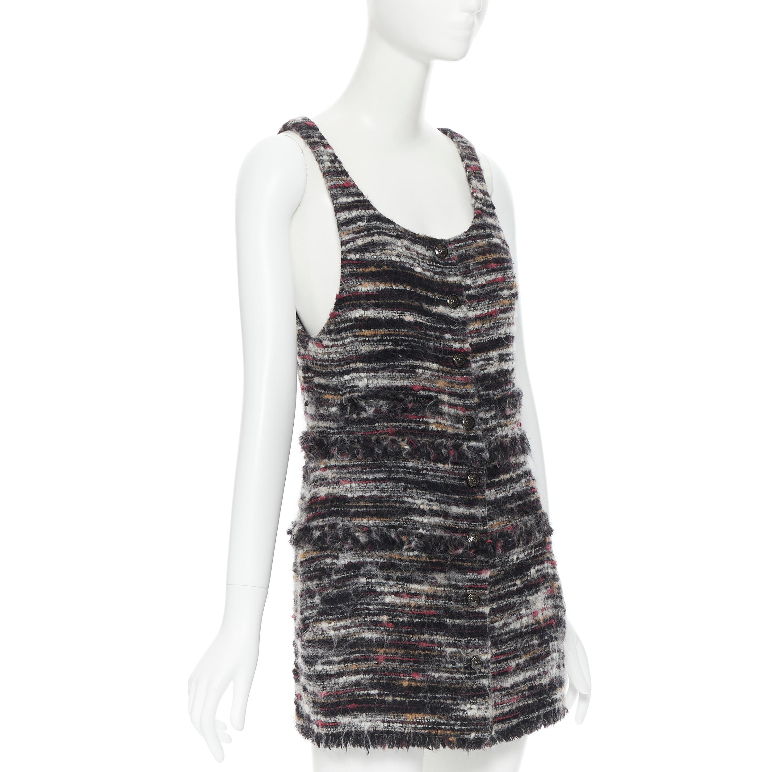 Black CHANEL Recent black red wool boucle CC enamel button front sleeveless dress Fr36