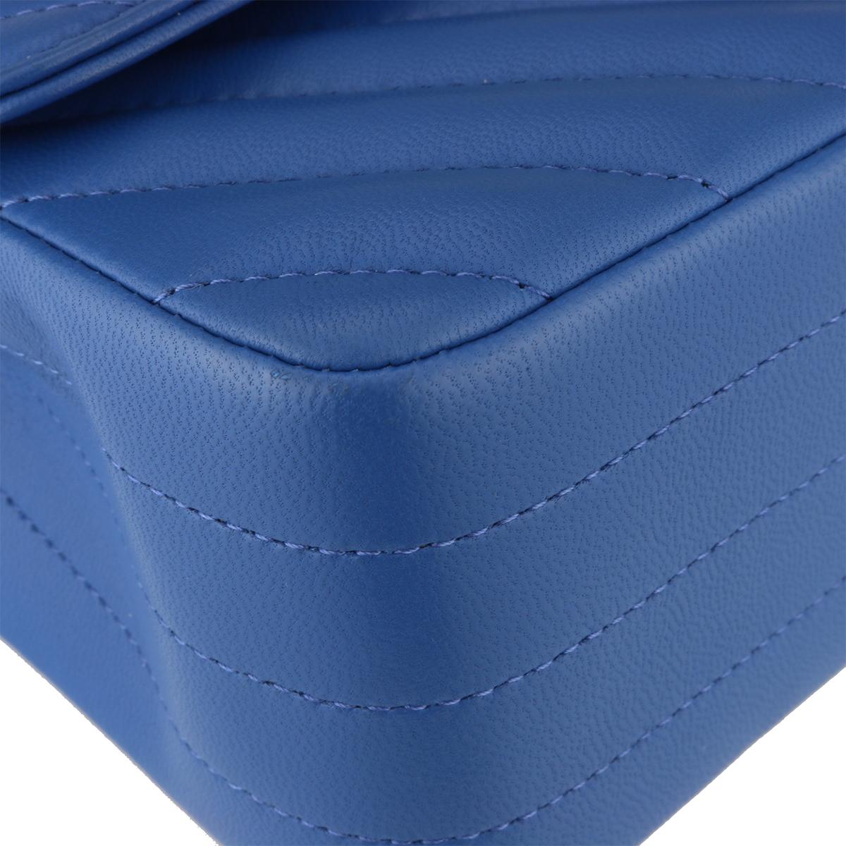 Women's or Men's CHANEL Rectangular Mini Bag Blue Chevron Lambskin with Light Gold Hardware 2019