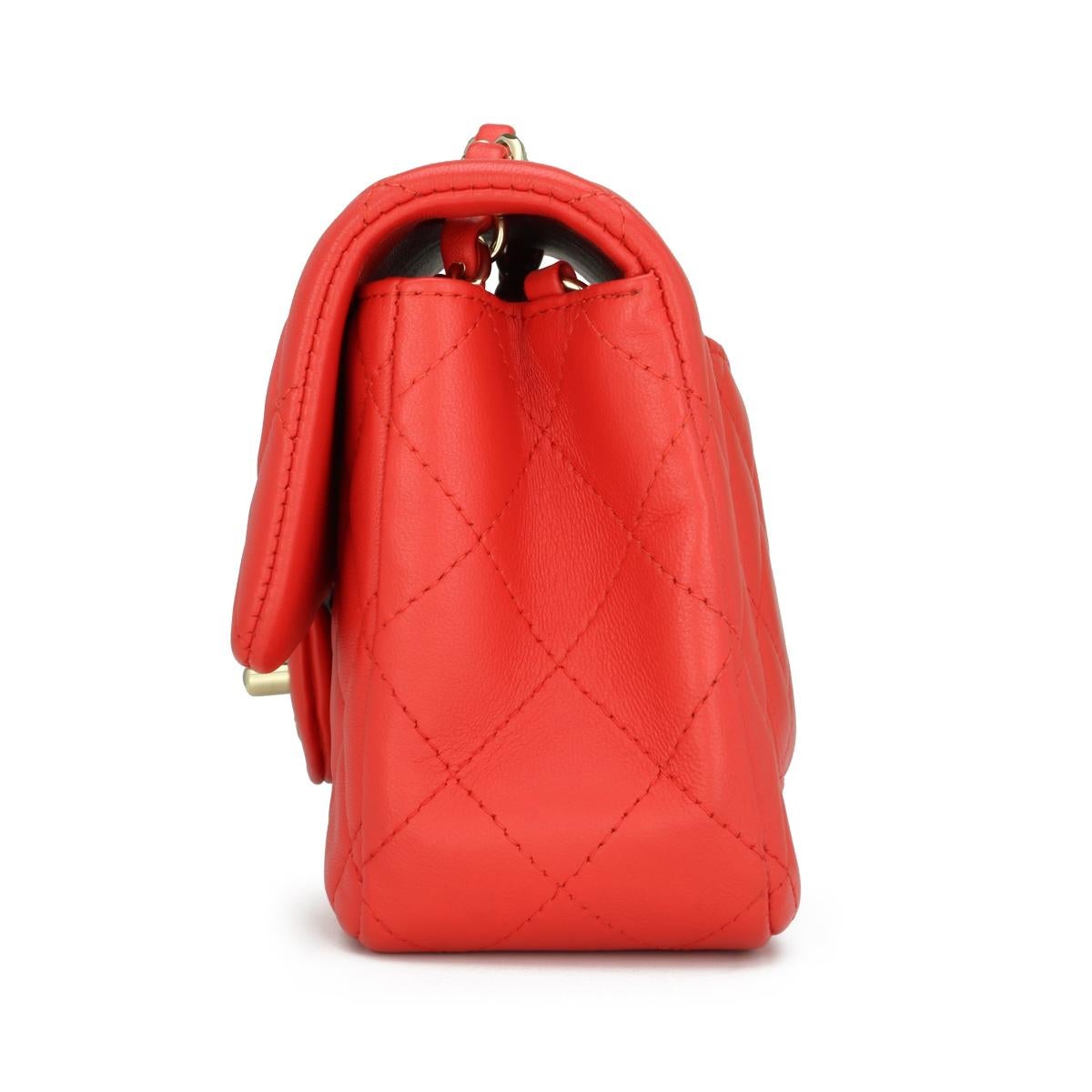 Women's or Men's CHANEL Rectangular Mini Bag Red Lambskin with Light Gold Hardware 2017