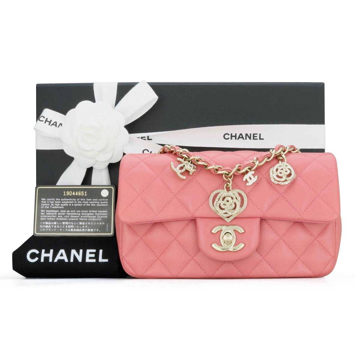 CHANEL Rectangular Mini Valentine Charms Bag Pink Lambskin with Light Gold Hardware 2014 – 14P Limited Edition.

This stunning bag is still in very good condition; it still holds its original shape, and the hardware is still shiny. It is a gorgeous,