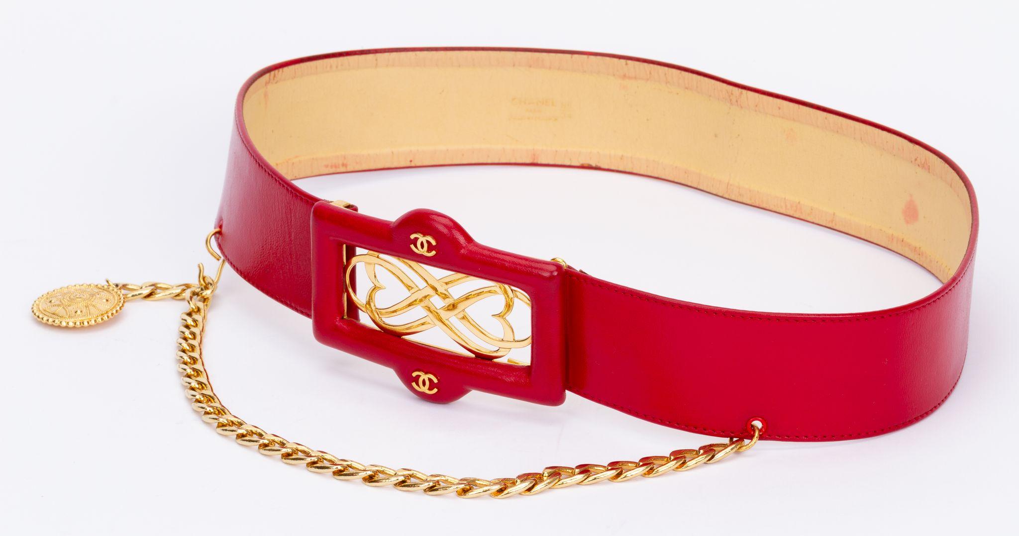 Orange Chanel Red 80s Belt With Chain Drop For Sale