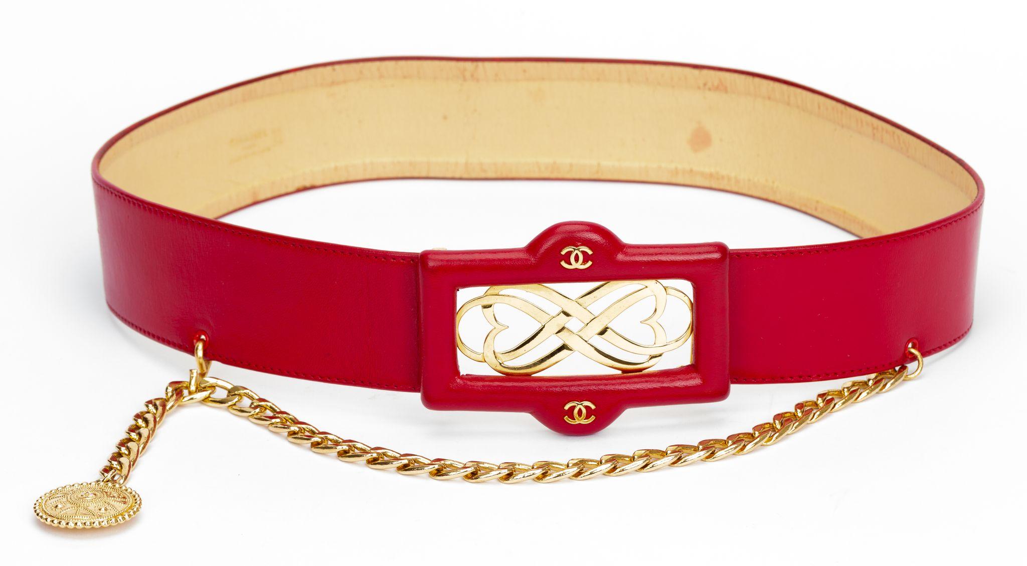 Chanel Red 80s Belt With Chain Drop For Sale 1