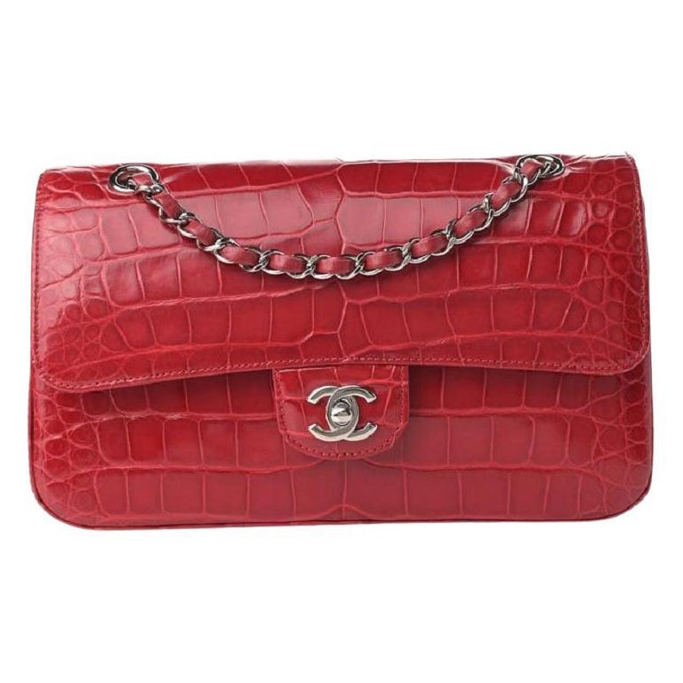CHANEL Red Alligator Exotic Leather Silver Evening Medium Shoulder Flap Bag