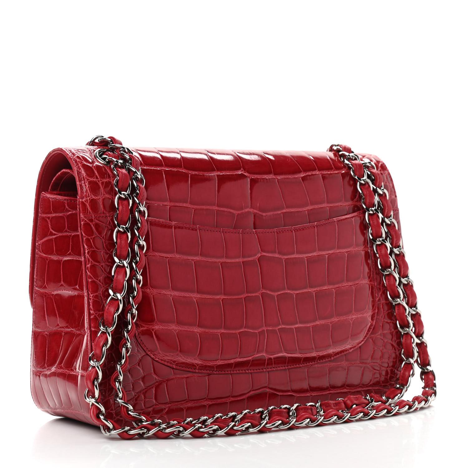 CHANEL Red Alligator Exotic Leather Silver Hardware Jumbo Shoulder Flap Bag In Excellent Condition In Chicago, IL