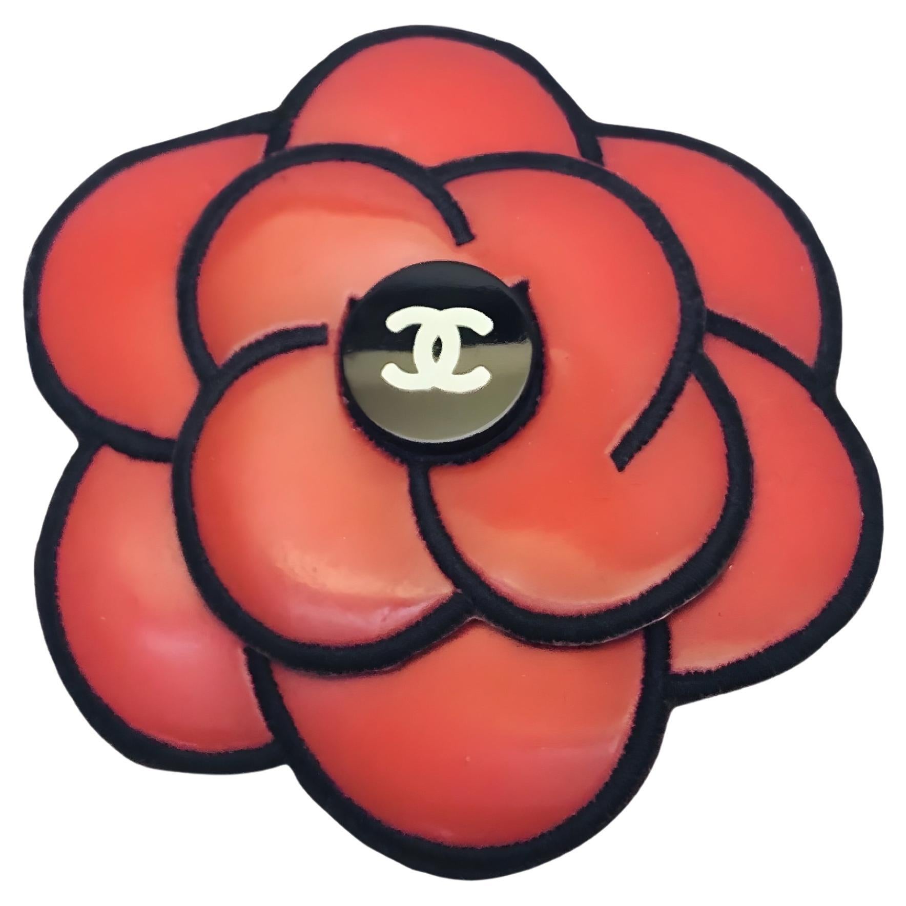 Chanel red and black camellia vinyl brooch For Sale