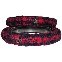 Chanel Red and Black Pair of Tweed Wool Bangle Bracelets
