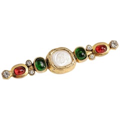 Chanel Red and Green Gripoix and Pearl Bar Pin