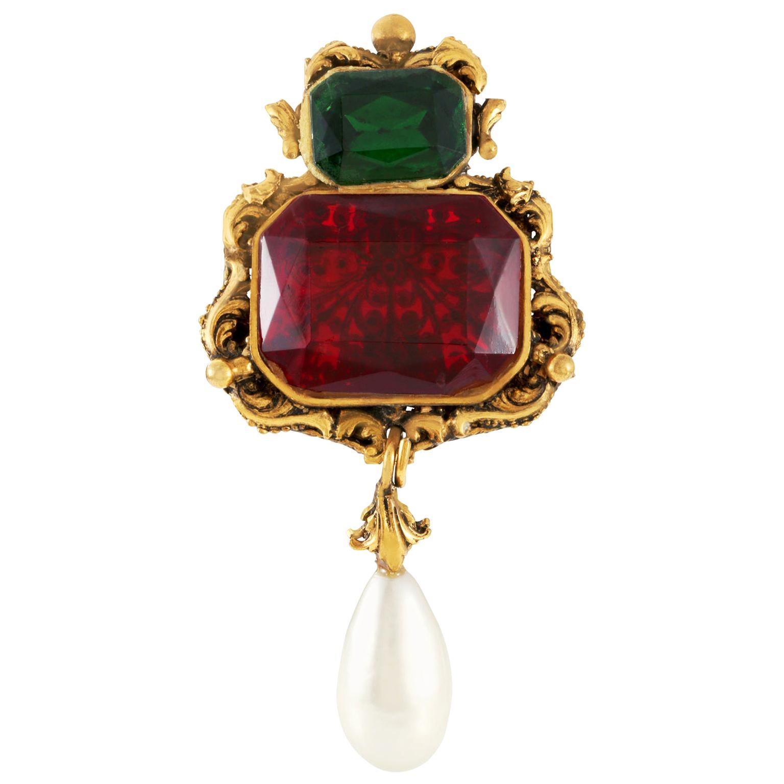 Chanel Red and Green Gripoix Emerald Cut Vintage Brooch