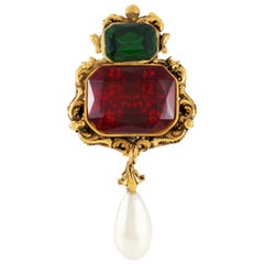 Chanel Red and Green Gripoix Emerald Cut Vintage Brooch