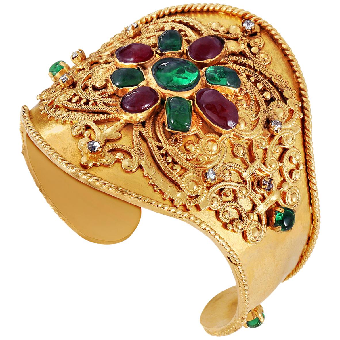 Chanel Red and Green Gripoix Gold Ornate Cuff